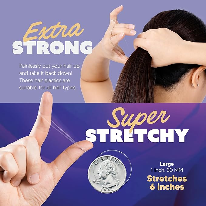 Hair Elastics - Ouchless No Damage Elastic Hair Bands (Clear - Large)