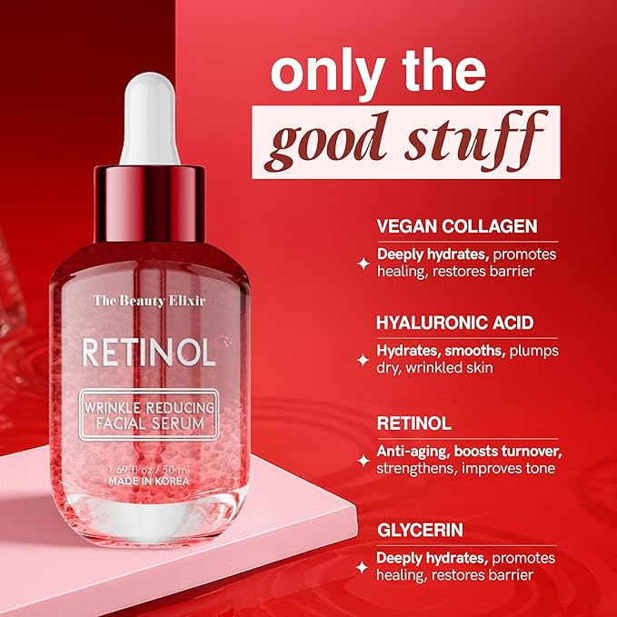 Retinol Serum For Face - Dermatologist Tested, Anti-Aging, Fine Lines & Wrinkles & Post-Acne Marks Treatment - Clean Beauty, Cruelty-Free Korean Skin Care for All Skin Types - 1.69oz