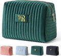 COSHAYSOO Travel Makeup Bag Quilted Make Up Pouch Initial Cosmetic Case for Women Hair Eyebrow Eyeshadow Brushes Powder Foundation Blush Bronzer Contour Palette Items Organizer Green Letter R
