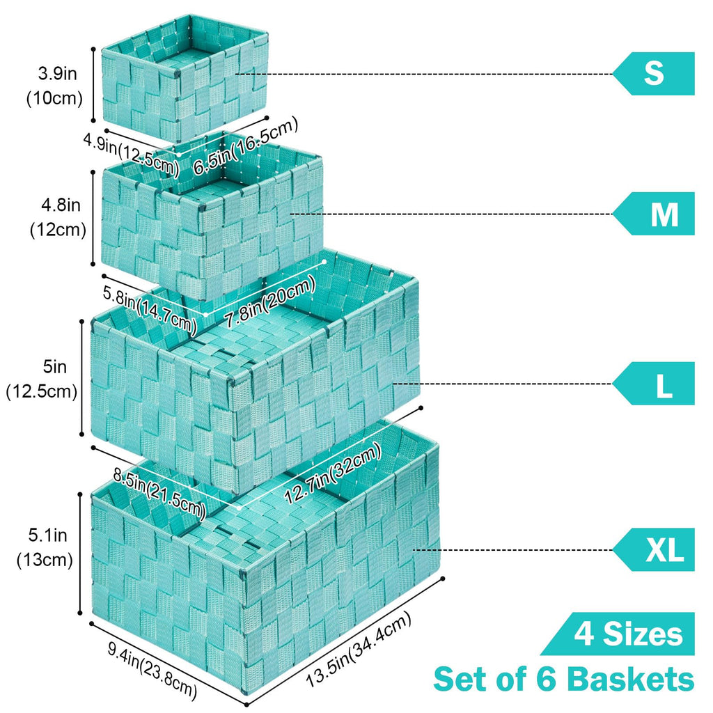 Storage Baskets: 6 Pack Stackable Woven Storage Bins, Aqua