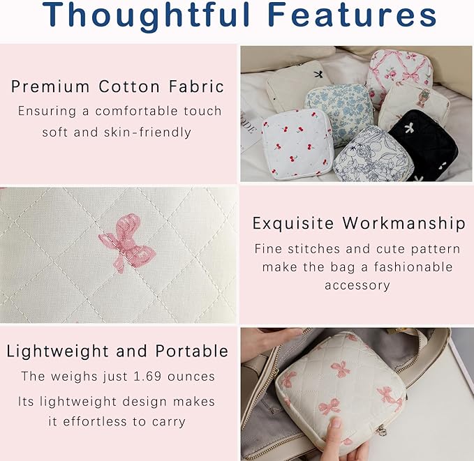 RSRSLEII Small Quilted Cosmetic Pouch for Purse, Mini Cotton Makeup Bag with Compartments, Cute Zipper Lipstick Holder for Women (03White Bow)