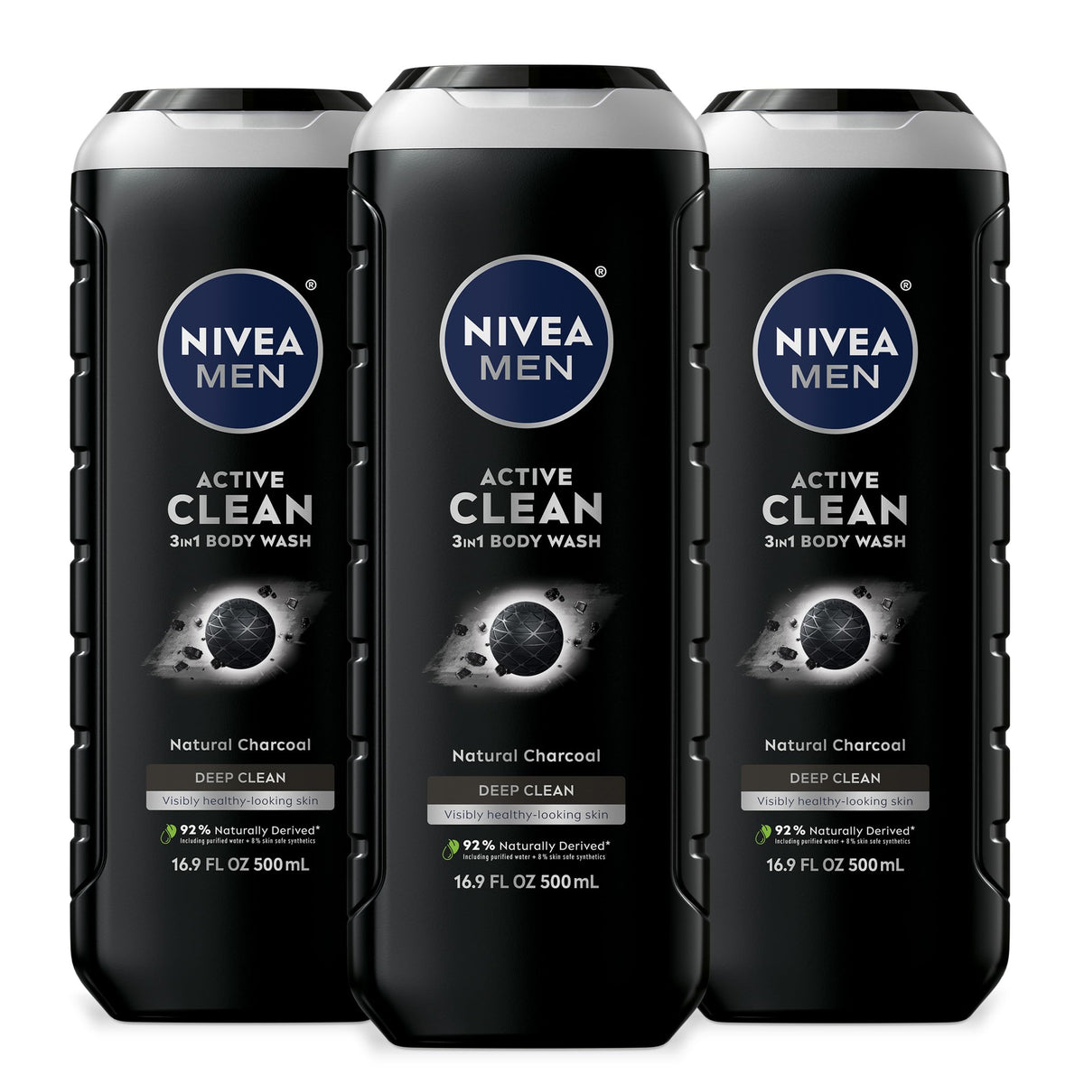 NIVEA MEN Active Clean 3-in-1 Body Wash with Natural Charcoal, 30 FL OZ