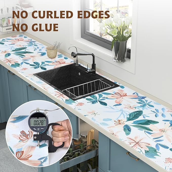Shelf Liners for Kitchen Cabinets 12in x 20FT, Non Adhesive Drawer Liner Colored Flowers Thickened Shelf Liner Non-Slip Easy to Clean for Tool Box Refrigerator with Knife and Tape Measure