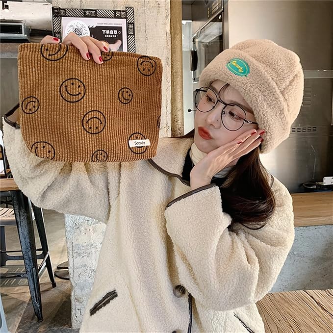 Gardsell Cosmetic Bags for Women - Corduroy Cosmetic Bag Aesthetic Women Handbags Purses Smile Dots Makeup Organizer Storage Makeup Bag Girls Case Bags (A-Brown)