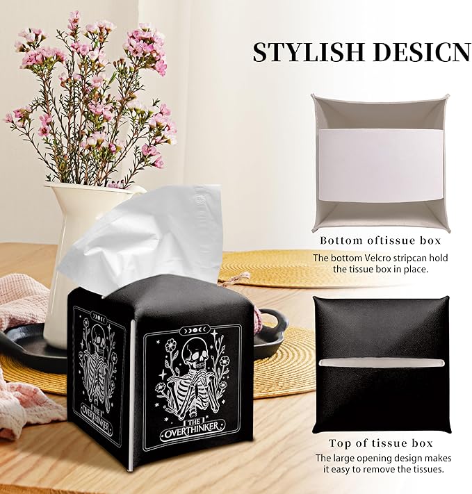 Grace Yonks Cute Tissue Box Cover Square - Gothic Skeleton “The Overthinker” Print, Funny Tarot-Inspired Design 5.2" PU Leather Holder for Vanity, Bathroom Counter - Cube Case for Facial Tissues(024)