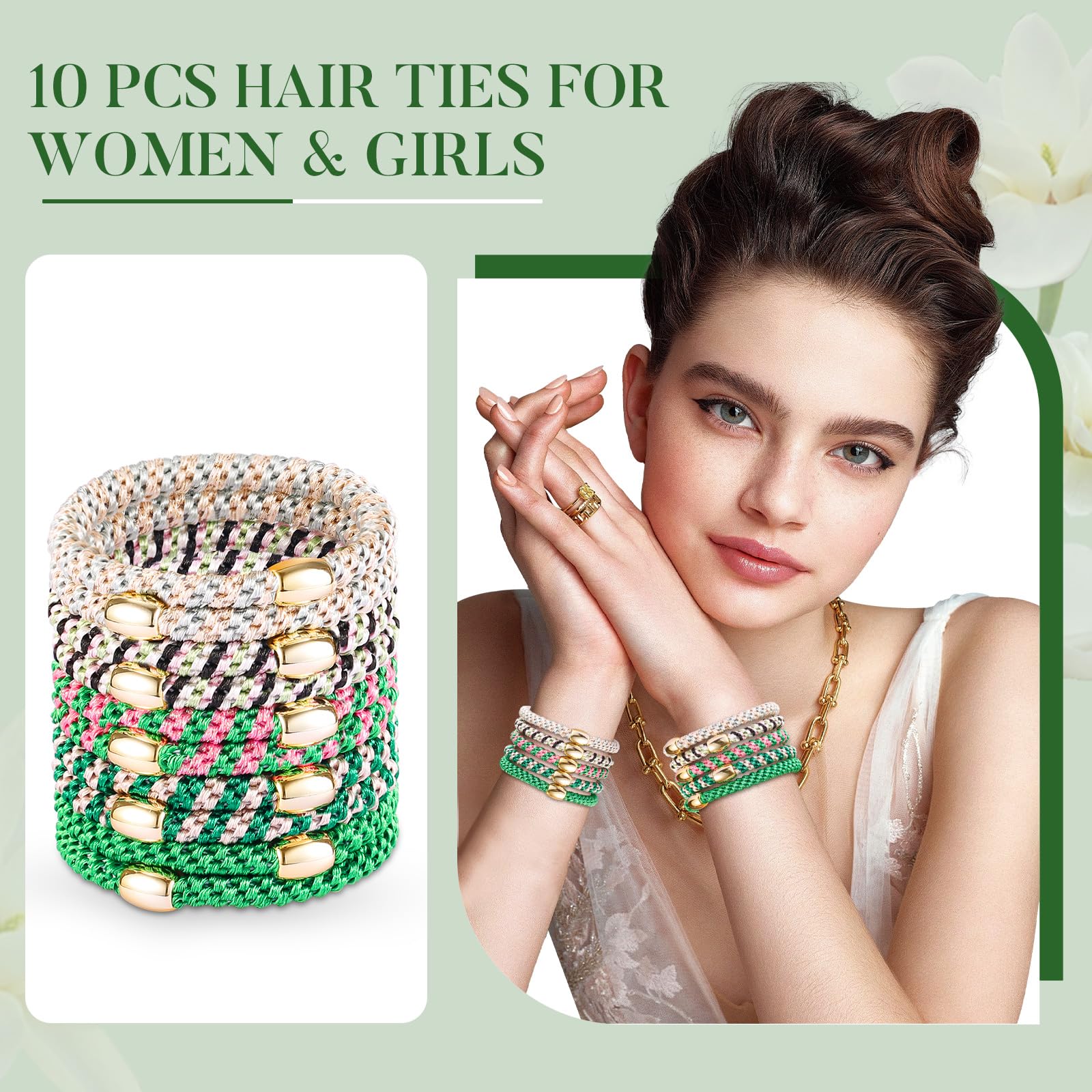 FORENEE 10Pcs Braided Hair Ties for Thick Hair - Green