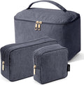 MAGEFY Makeup Bag, 3 Pcs Cosmetics Bag Large Capacity with Handle Make Up Bag for purse Corduroy Bag Pouch for Purse Travel Makeup Organizer Bag-Grey
