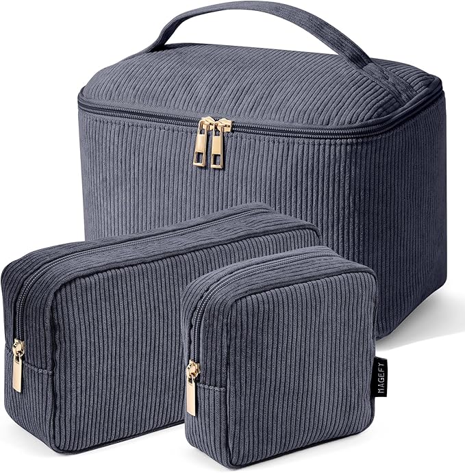 MAGEFY Makeup Bag, 3 Pcs Cosmetics Bag Large Capacity with Handle Make Up Bag for purse Corduroy Bag Pouch for Purse Travel Makeup Organizer Bag-Grey