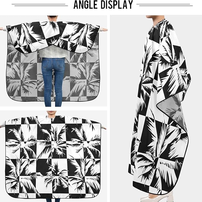 Visesunny Barber Cape - Tropical Coconut Tree Black White Grid Polyester Hair Cutting Salon Apron Anti-Static Haircut Shaving Cloth Beard Shaving Bib Hairdressing Cape