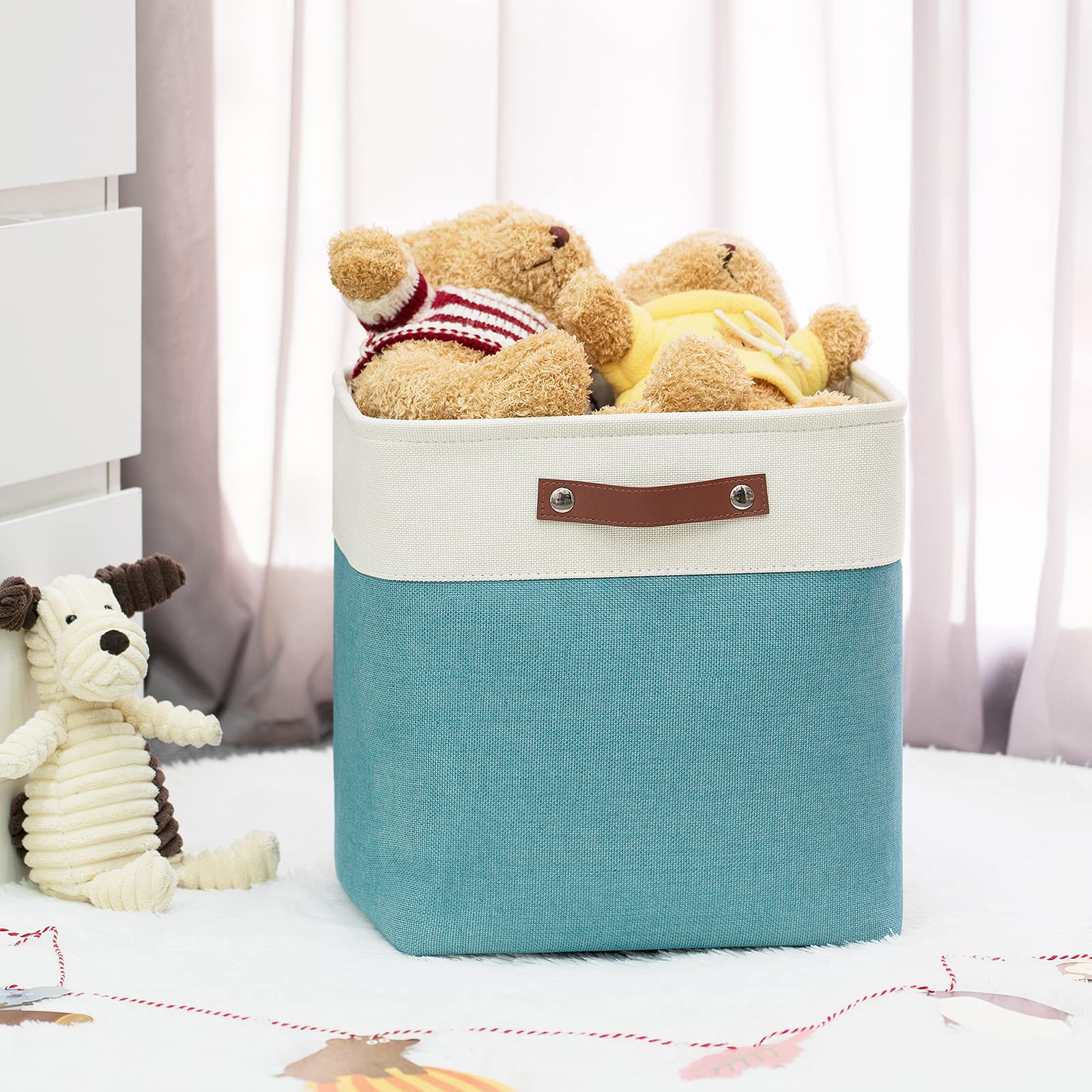 HNZIGE Cube Storage Baskets for Shelves Foldable Storage cubes Baskets(3 Pack) Cube Storage Bin,13 Inch Storage Basket for Organizing with Leather Handles for Toys, Clothes, Kids, Closet (White&Teal)