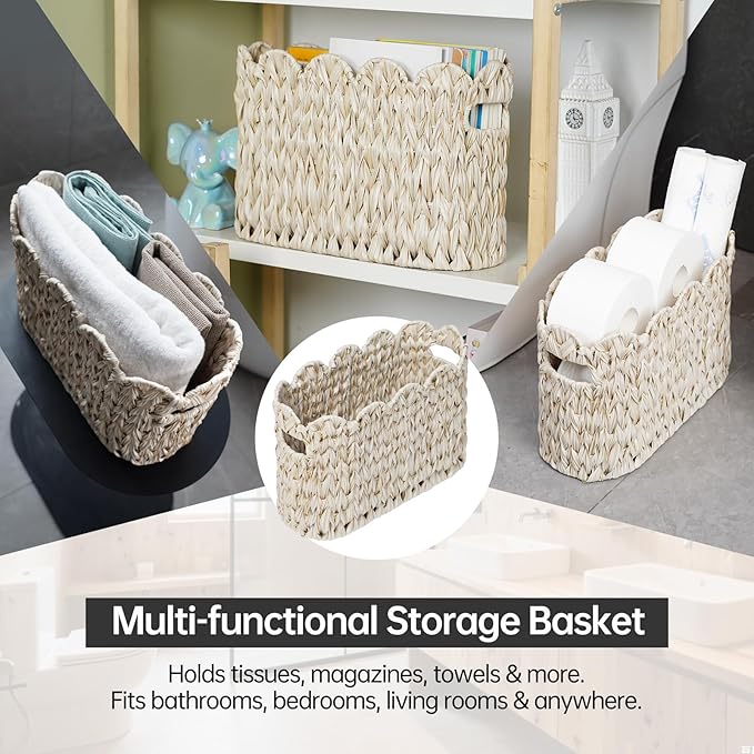 Coeusy Toilet Paper Storage Basket,Boho Decorative Scalloped Baskets,Coastal Bathroom Decor,Hand-Woven Plastic Wicker Bathroom Accessories Organizer