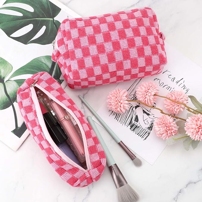 Gocvo 3 Pcs Makeup Bag Cosmetic Bag Set for Girls Women Checkered Travel Organizer Bathroom Toiletry Pouch Large Capacity Storage Bag (Rose-Red)