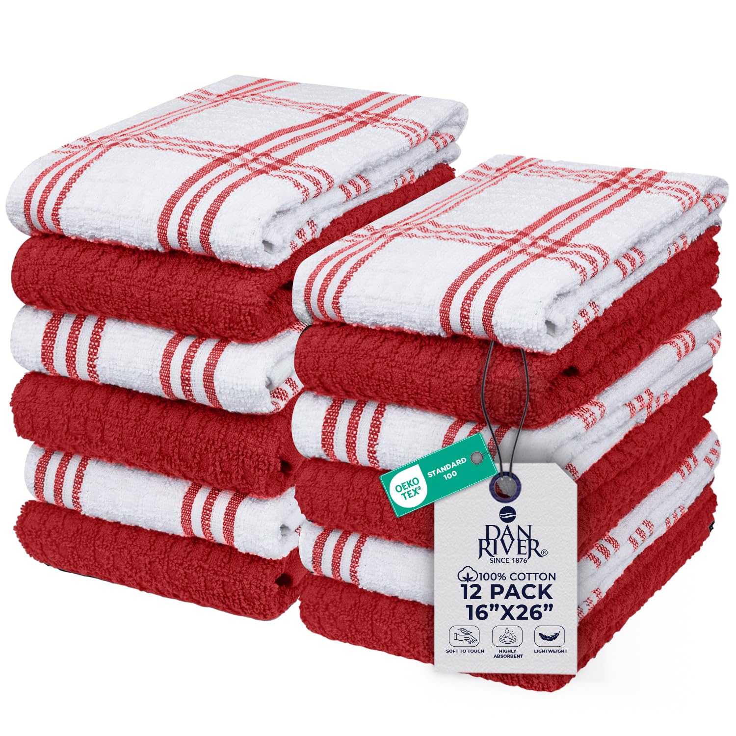 DAN RIVER Red Kitchen Towels, 12 Pack, 16x26 Inches Absorbent Dish Towels