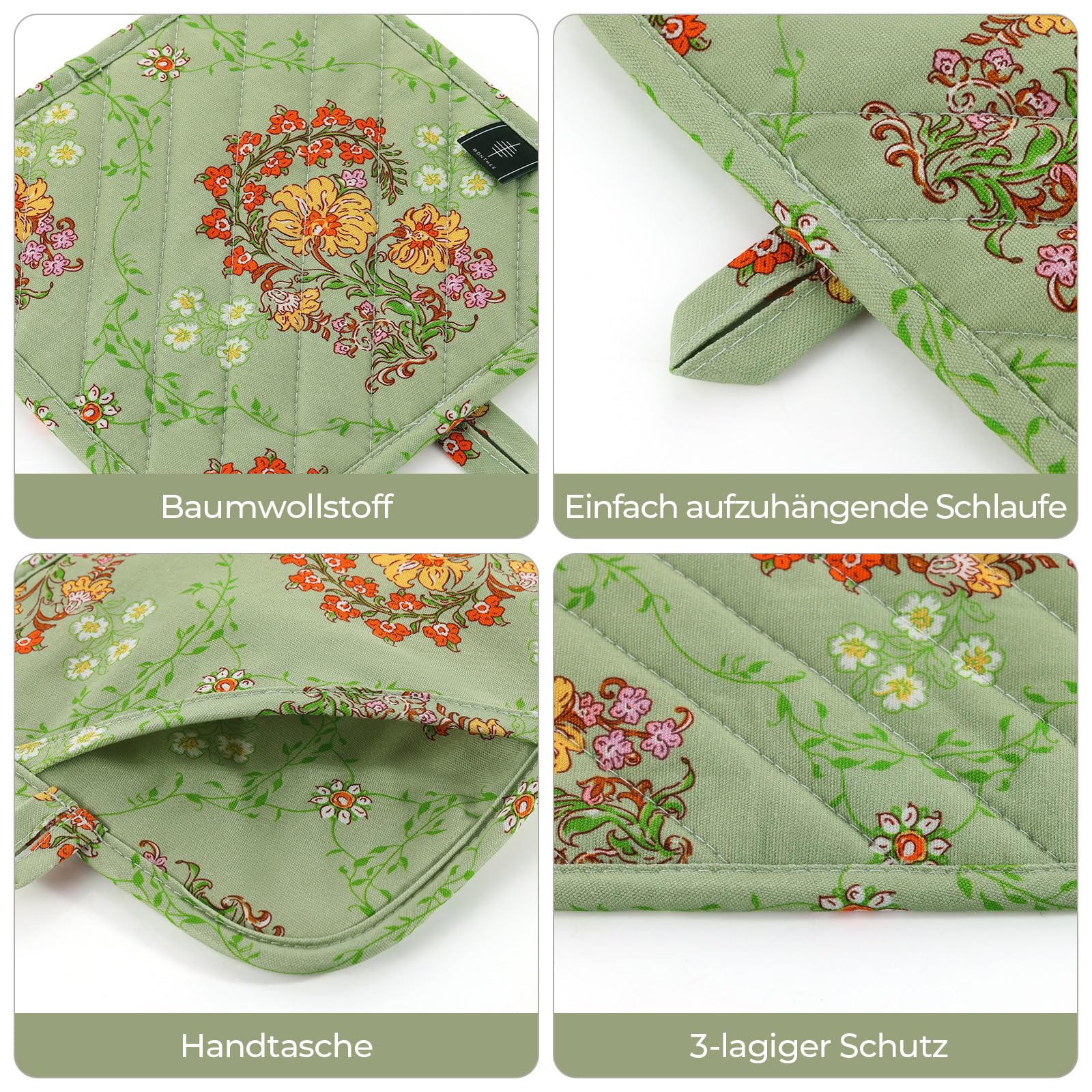 BONTHEE Pot Holders for Kitchen Heat Resistant Hot Pads for Countertops Oven Pot Holders Cotton Potholders for Kitchen Cooking Baking (Sweet Flowers)