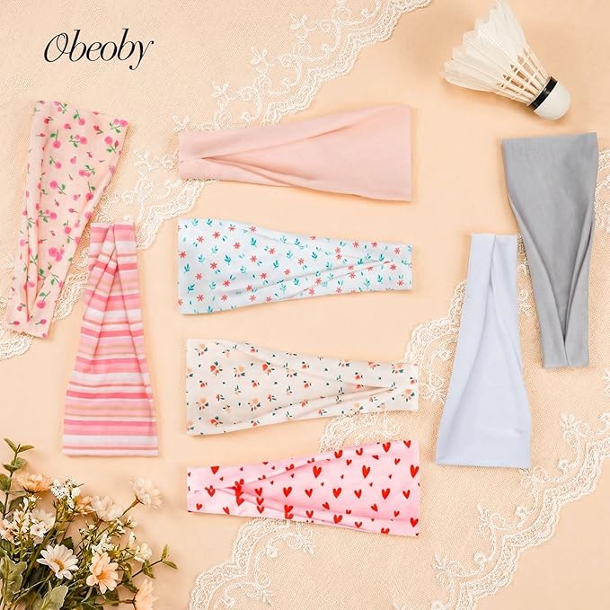 obeoby 8 Pack Pink Cute Headbands for Girls Daughter, Floral Stripe Headbands for Summer Outfit Non Slip Wide Headband Beach Gifts
