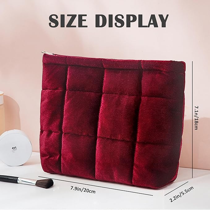 HFLZBRO Puffy Quilted Makeup Bag, Cosmetic Bag, Travel Toiletry Organizer Pouch, Clutch for Women(Wine Red - Velvet)