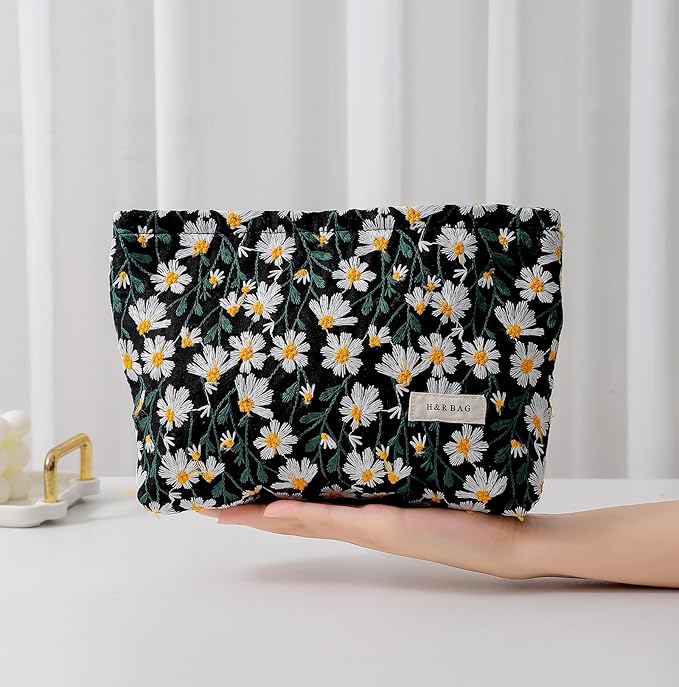 getgto 2 Pcs Makeup Bags, Large Cosmetic Bag Travel Toiletry Bag Organizer for Women, Embroidery Craft, Floral Makeup Bag Small Cosmetic Pouch Purse with Zipper Gifts for Girls Teen