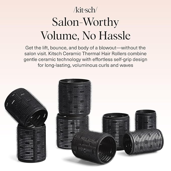 Kitsch Ceramic Hair Rollers for Women – Self-Grip Hair Curlers for Heatless Overnight Curls, Long-Lasting, Frizz-Free, Volumizing Large Rollers for All Hair Types – Black, 8 Count (Pack of 1)