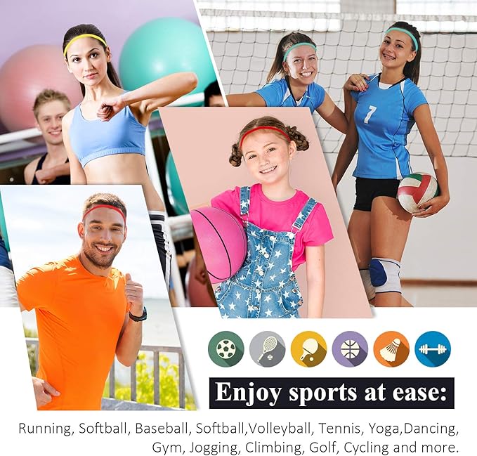 Bememo 4 Pieces Thick Non-Slip Elastic Sport Headbands Hair Headbands for Women and Men (Fluorescent Yellow, Fluorescent Orange, Red, Pine Green)