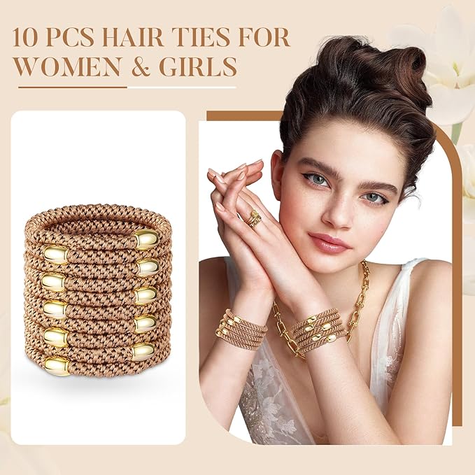 FORENEE Hair Ties No Damage(10PCS) - Ponytail Holders - Elastic Hair Ties for Thick Hair - Braided Hair Bands for Women Girls's Hair - Khaki