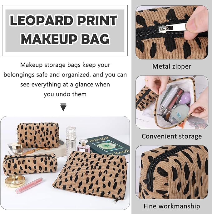 Gocvo 3 Pcs Makeup Bag Cosmetic Bag Set for Girls Women Travel Organizer Bathroom Toiletry Pouch Large Capacity Storage Bag (Leopard Brown)