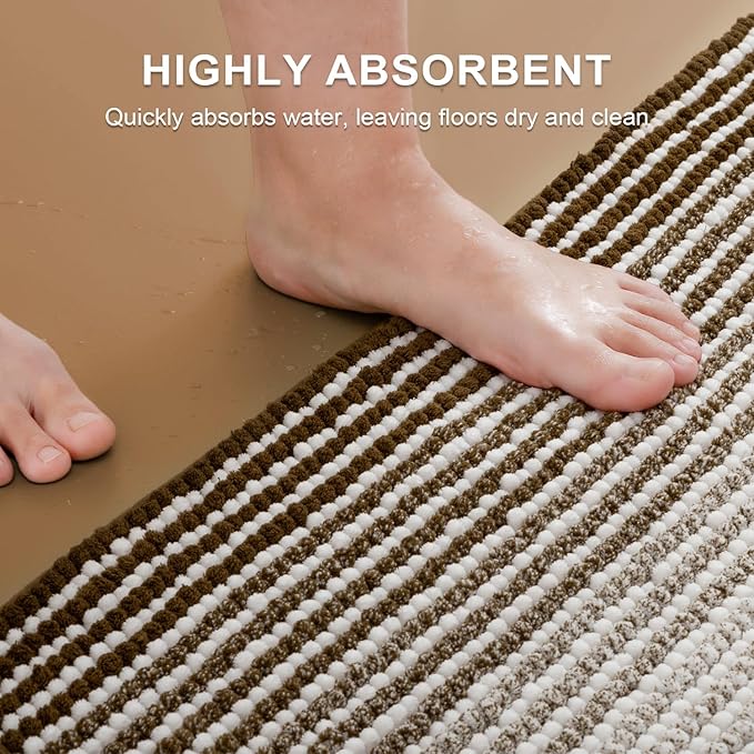 BSICPRO Bathroom Rugs and Mats Sets, 2 Piece Thick Absorbent Chenille Bath Mat Rug Set Non Slip, Soft Shaggy Bath Room Floor Mats for Bathroom, Machine Washable (Brown, 20" x 47" Plus 16" x 24")