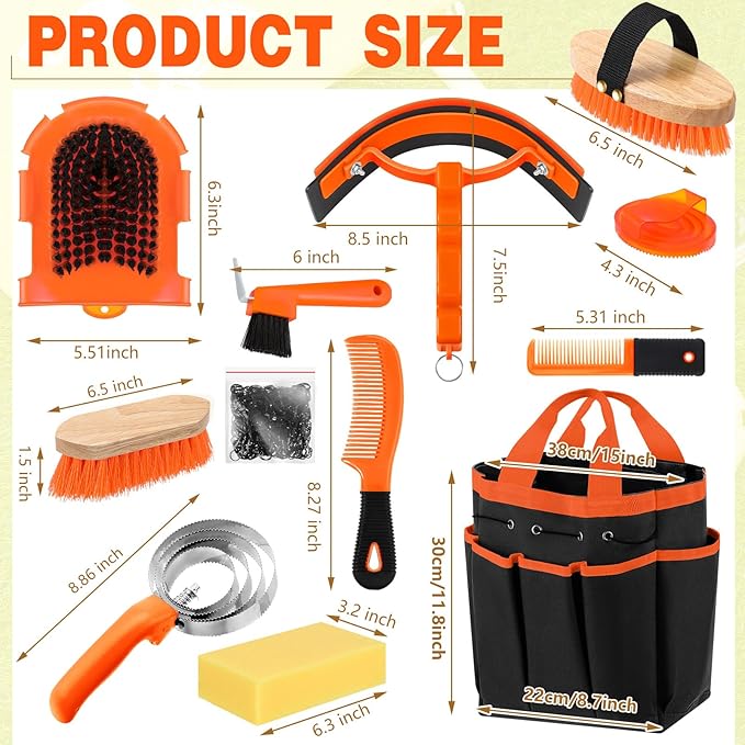 Abbylike 12 Pieces Horse Grooming Kit with Organizer Tote Bag Tack Room Supplies Horse Brush Sets Equine Care Cleaning Kit Shedding Grooming Massaging Tools(Orange)
