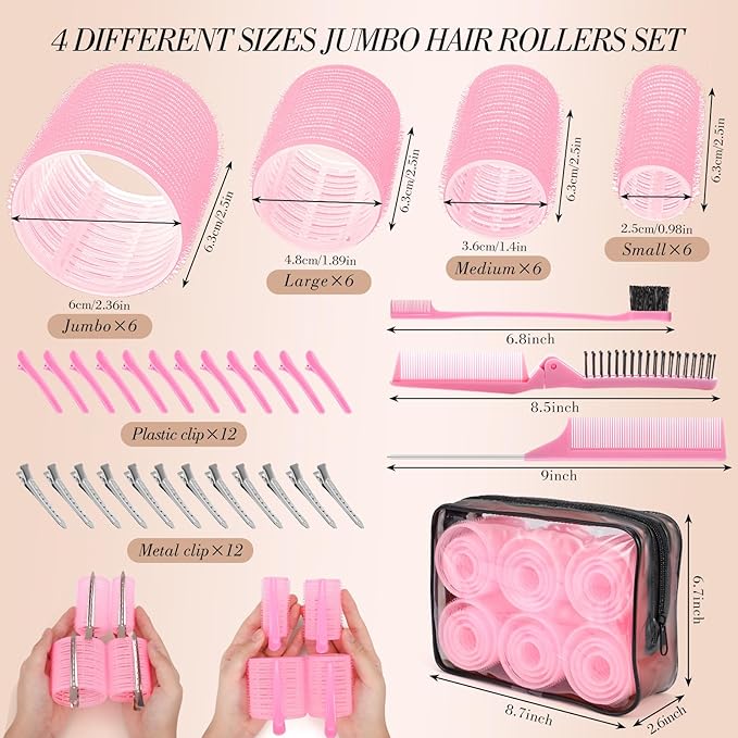 Obeoby 4 Sizes Hair Rollers for Women, Hair Curlers with Clips Comb Curlers for Long Short Curly Hair and Bangs (25, 36, 48, 60mm), Pink Gifts