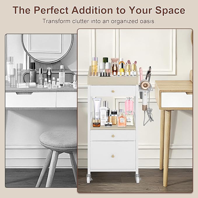 NauwaBarn Makeup Organizer Cart with 3 Drawers, Large Cosmetic Organizer with Detachable Hair Tool Holder, Makeup Cabinet Cosmetic Display Cases for Skin Care Perfume Nail Polish, White & Natural