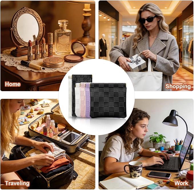 Muswelf 6 Pack 2 Sizes Small Makeup Pouches, Checkered Snap Closure Purse Pouches, PU Leather Coin Pouches, Sunglasses Case, Lipstick Case, Mini Travel Organizer for Women
