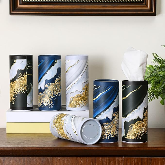 Fourluoo 12 Pack Car Tissue Cylinder Holder Bulk with 3 Ply Facial Tissues, Round Napkin Holders for Car Cup Holder Cylinder Travel Paper Tubes Bulk Round Napkin Boxes Packs(Marble)