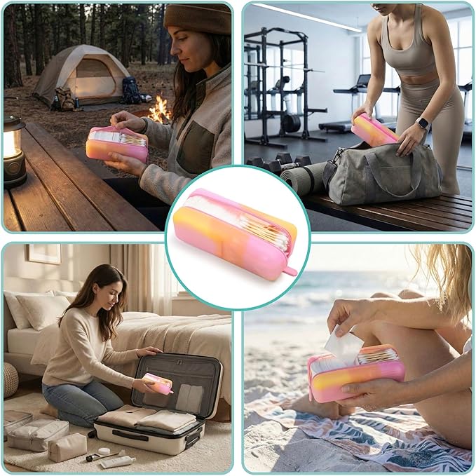 Cotton Pad Swab Travel Case, 2-in-1 Waterproof Organizer (Peach Sunrise)