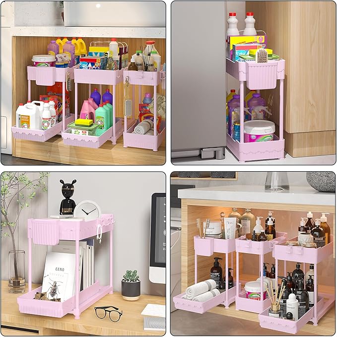 Sevenblue 3 Pack Under Sink Organizers,2-Tier Multi-Use Kitchen and Bathroom Organizers and Storage with Sliding Drawers,Bathroom Cabinet Organizer (Pink, 12.8 Inch)