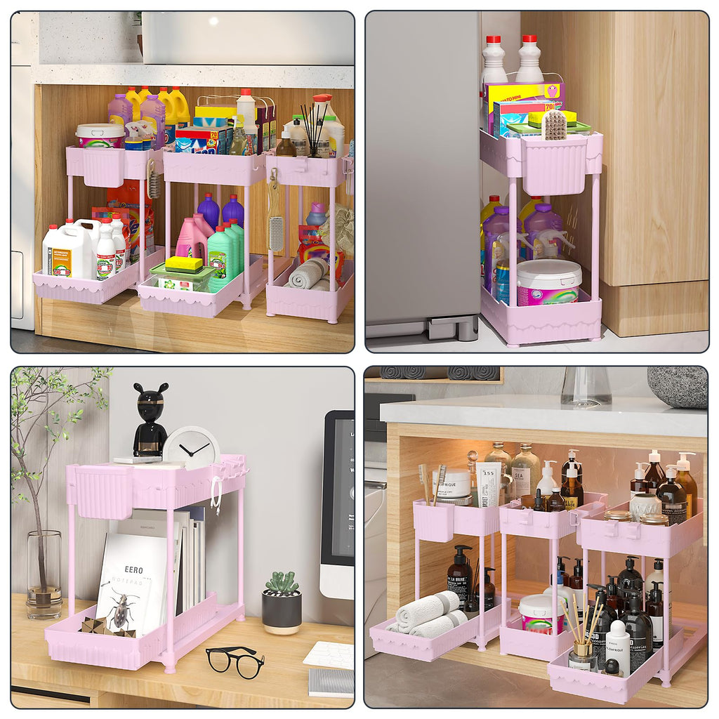 Sevenblue 3 Pack Under Sink Organizers, 2-Tier Multi-Use Kitchen and Bathroom Organizers and Storage with Sliding Drawers, Bathroom Cabinet Organizer (Pink, 14.8 Inch)