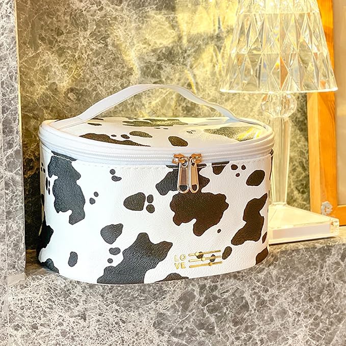Travel Makeup Bag for Women, PU Leather Cosmetic Case, Cute Cow Printed