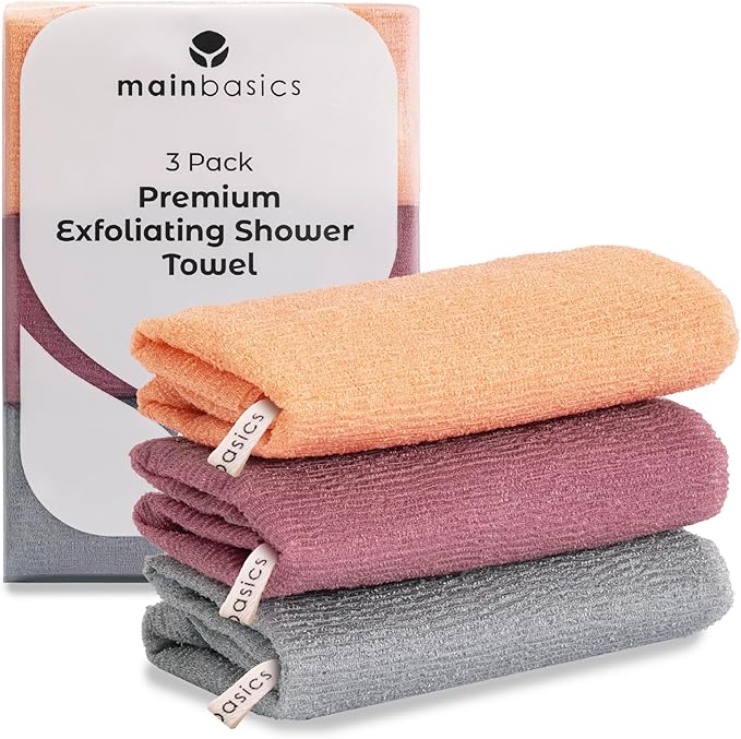 MainBasics Japanese Deep Exfoliating Shower Towel, 3 Pack, Coral Reef