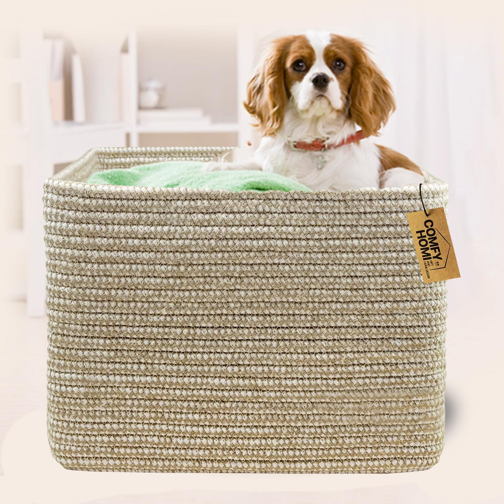 COMFY-HOMI Cotton Rope Woven Basket with Handles for Shelves,Toys,Book, Cloth Storage Baskets Bin for Organizing- 1 PCSToy Decorative Organizer for Living Room, Bathroom