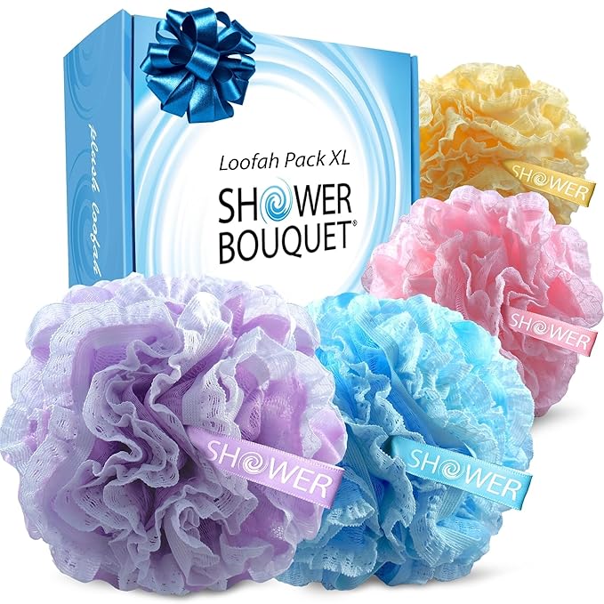 SHOWER BOUQUET Pink-Loofah-Bath-Sponge Lace-Mesh-Set // 2-Scrubs-in-1 / 60g