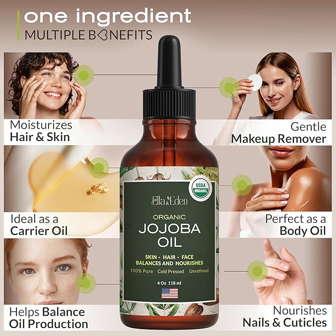 Ella & Eden Organic Jojoba Oil – USDA Certified, Cold-Pressed, 100% Pure & Unrefined, Hexane-Free Oil for Face, Skin, Hair & Nails – 4 Fl Oz Glass Bottle