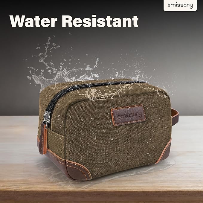 emissary Men's Canvas Travel Toiletry Bag, Leather Dopp Kit - Brown