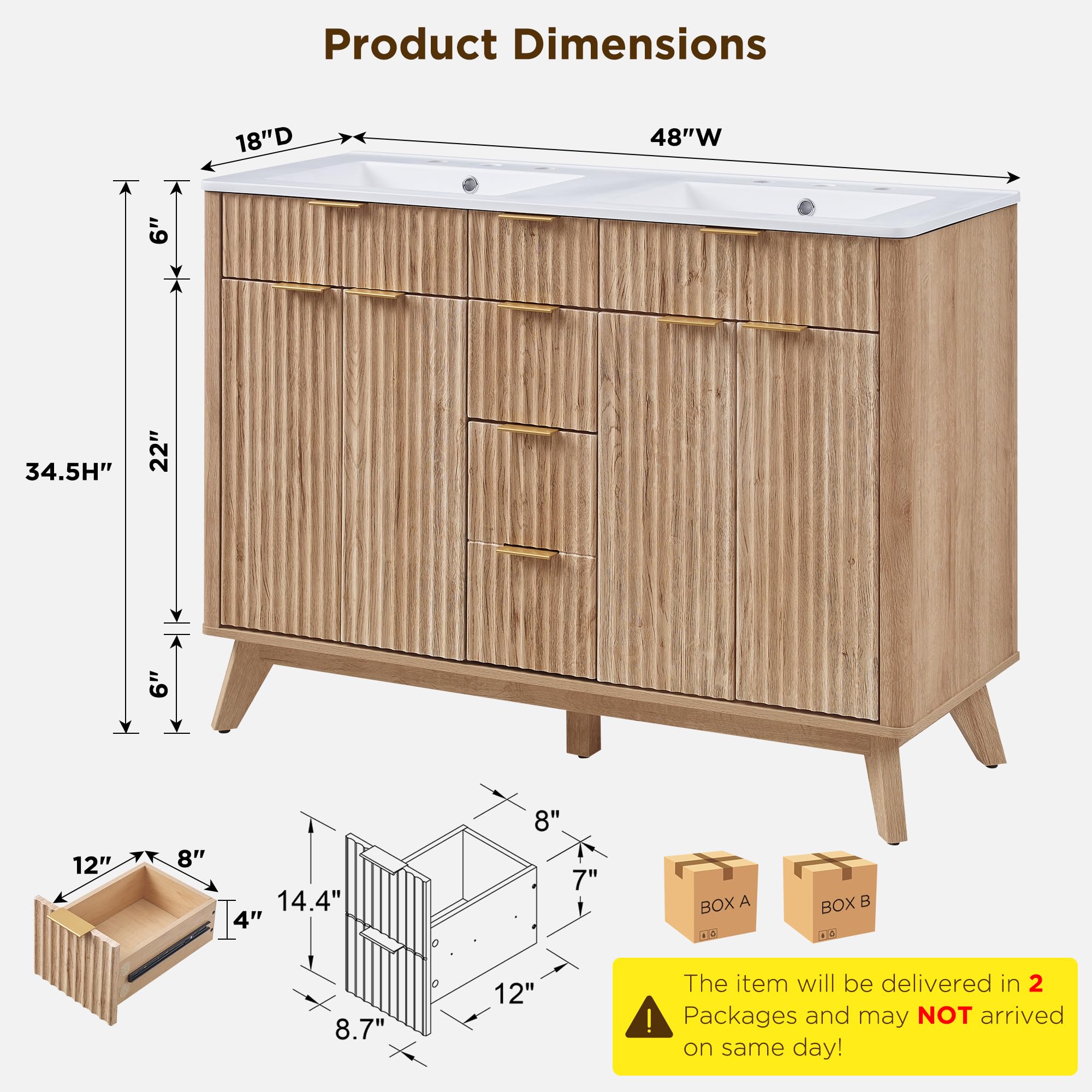 T4TREAM 48" Fluted Bathroom Vanity with Resin Sink Combo, Natural Oak
