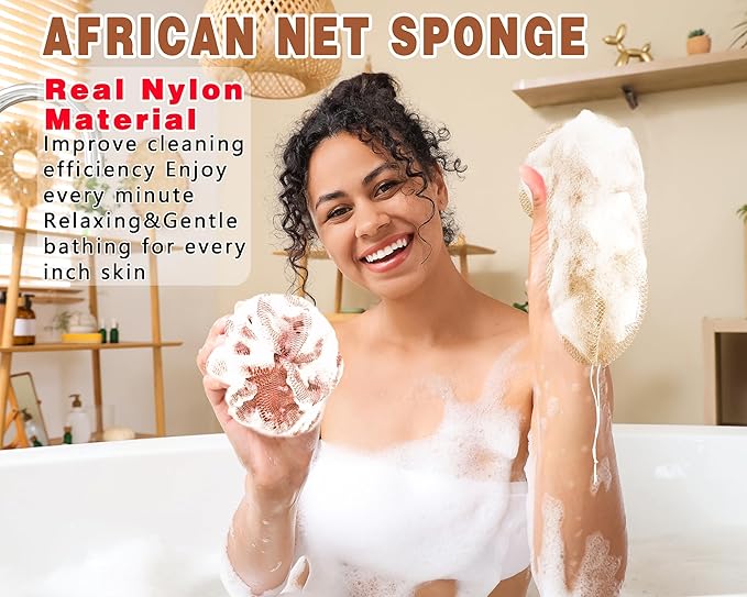 2 Pack African Net Sponge Exfoliating Body Scrubber Bath Sponge for Daily Use (Blush+Champange)