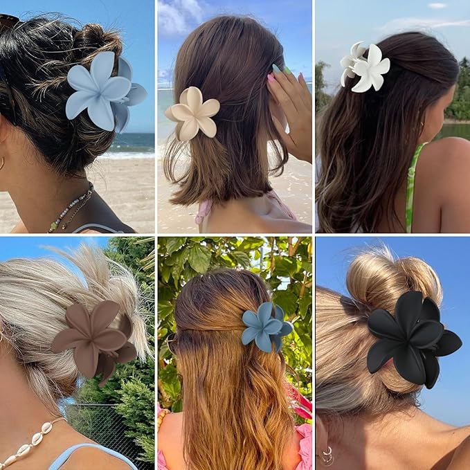 Sisiaipu Hair Clip, 6 Pcs Large Plumeria Flower Claw Clips for Thick Medium Hair - Blue Brown Beach Hair Accessories for Women and Girls