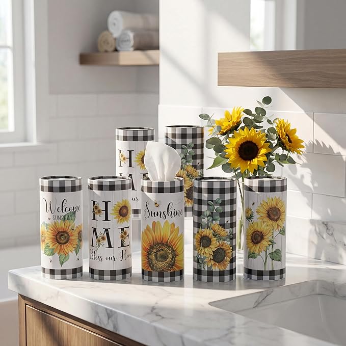 Fourluoo 12 Pack Sunflower Tissue Boxes for Car Cylinder Bulk Black White Plaid Flower Round Cylinder Holder with 3 Ply Facial Tissues for Spring Summer Travel Bathroom Office Decoration