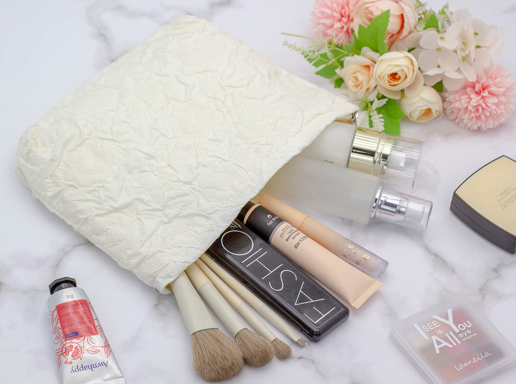 PAZIMIIK Makeup Bags for Purse Zipper Cosmetic Pouch Large Travel Canvas Make Up Organizer Tool Pouch for Women and Girls,Flower Ivory