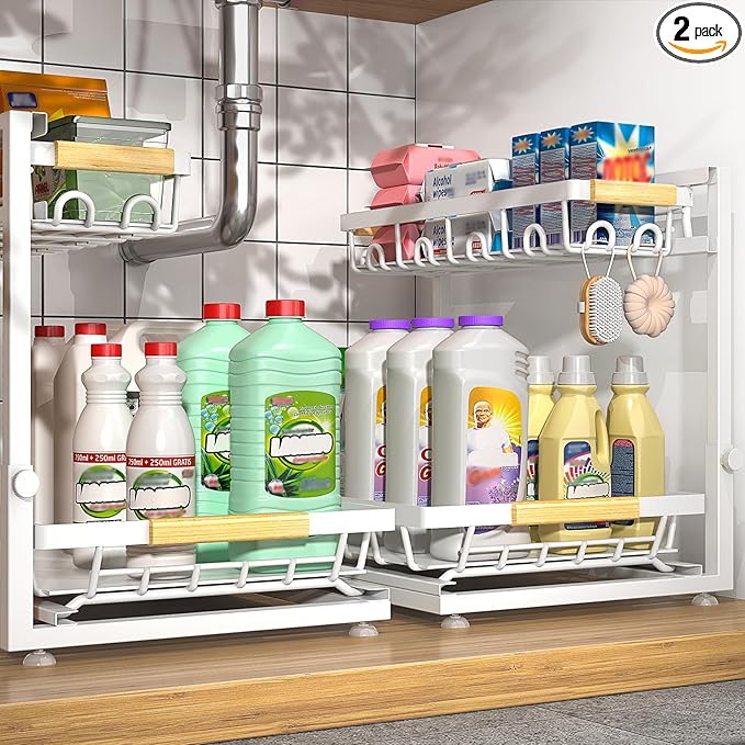 Sevenblue 2 Packs Under Sink Organizer, Height Adjustable 2 Tier Under Kitchen Sink Organizer, Multi-Purpose Storage Shelf for Kitchen Bathroom Cabinet (White, Large)