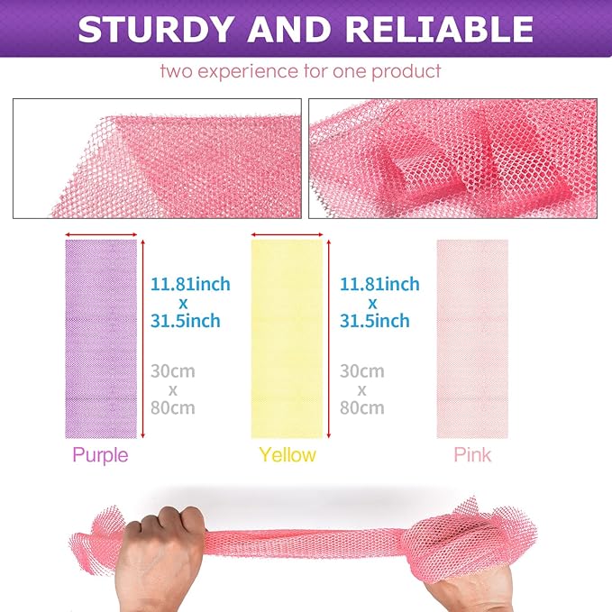 3 Pieces African Bath Sponge African Net Long Net Bath Sponge Transform Your Shower Routine with African Bath Sponges for Exfoliated, Silky Smooth Skin (Pink,Yellow,Purple)