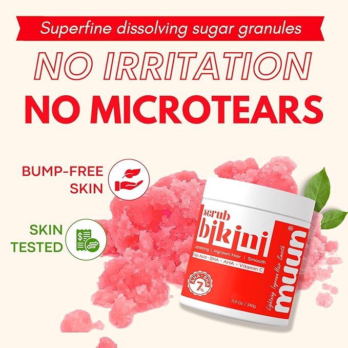 Muun Bikini Area Exfoliator, 2% Kojic Acid Vitamin C & 7% AHA/BHA Even Skin Tone & Ingrown Hair - Underarm Scrub - Radian, Smoothe & Soften Body Scrub