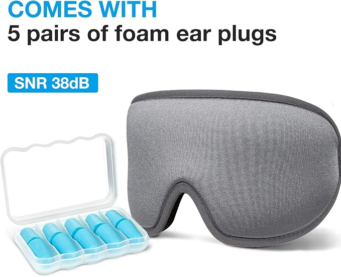 LYSIAN 3D Sleep Mask for Side Sleepers, Blackout Eye Mask with No Pressure on Eyes, Adjustable Comfortable Blindfold with 5 Pairs of Ear Plugs for Sleeping, Travel, Nap, Silver Grey