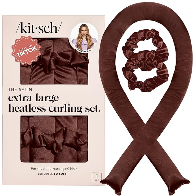 Kitsch Satin Heatless Curlers Set – Heatless Curls Overnight w/ 34" Hair Waver & 2 Satin Hair Scrunchies, Comfortable Hair Curlers to Sleep In for Frizz-Free, No Heat Damage Styling - Chocolate